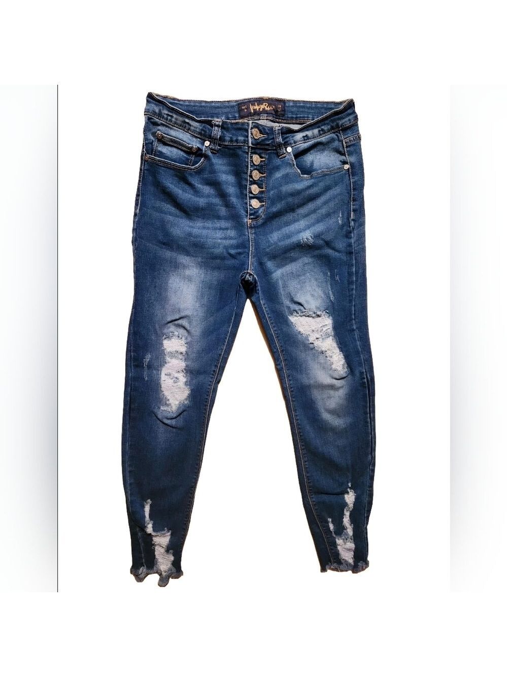 Indigo Rein Distressed Jeans Button Fly Medium Wash High Rise Raw Hem Stretch